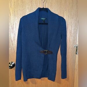 Lauren Ralph Lauren Navy Blue Shawl Collar Ribbed Cardigan with Faux Leather Buc